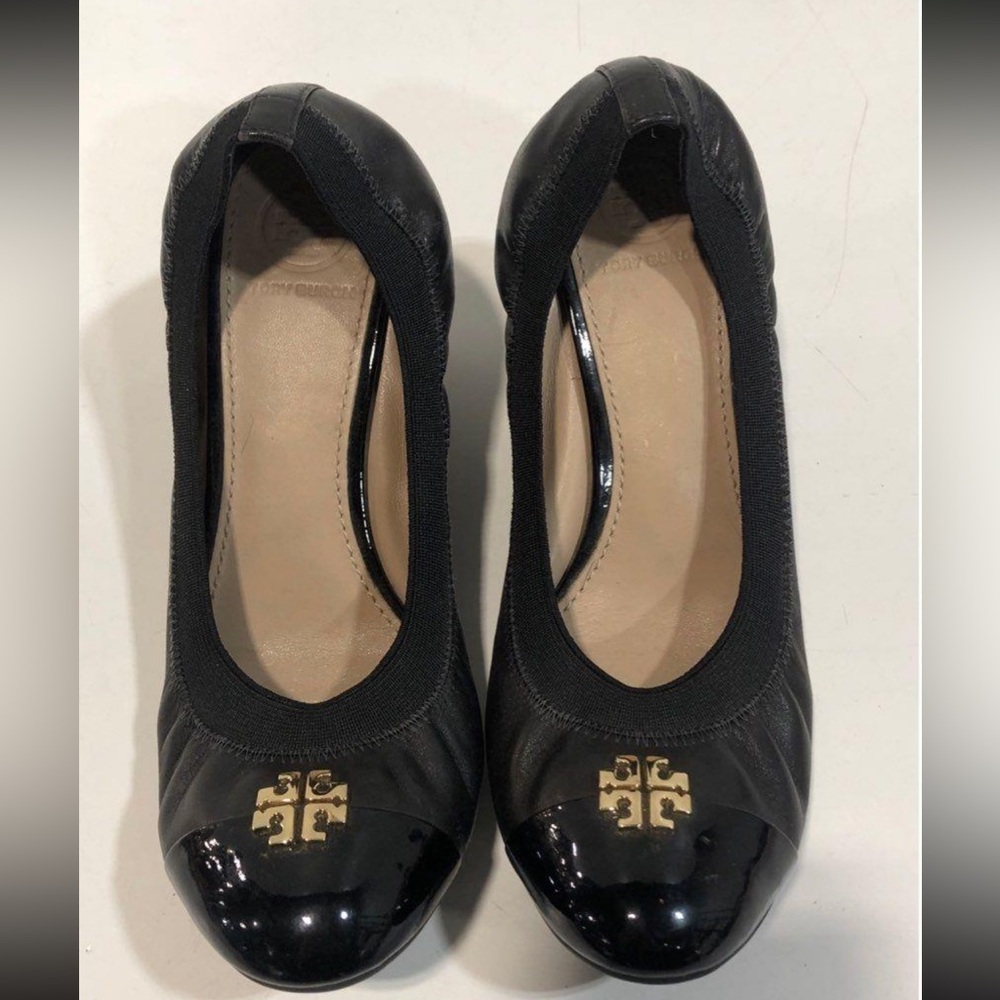 Women’s Tory Burch Stylish Black Leather Wedge Heels Size 7.5M